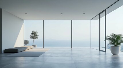 Modern Minimalist Living Room with Ocean View and Two Plants