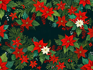 Obraz premium Seamless Christmas pattern consisting of bright red and white poinsettias, dark green leaves and red berries on a black background.