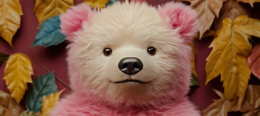Close Up Portrait Cute Pink Teddy Bear Autumn Leaves Background, Toy Kindness Concept