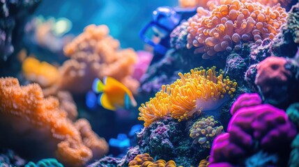 Obraz premium Close-up shot of vibrant coral reefs, intricate marine life, merging with scientific instruments, macro photography artful blend