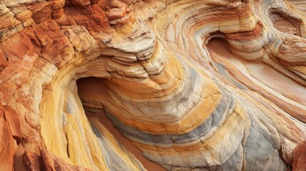 Colorful sandstone formations in a desert landscape, showcasing intricate layers and patterns.