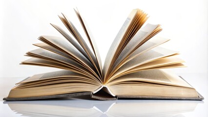 Naklejka premium Open book with yellowed pages is standing on a table, showing the spread pages
