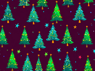 Obraz premium Seamless Christmas pattern featuring a bright green Christmas tree decorated with fairy lights and stars, on a dark purple background.