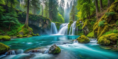 Vibrant turquoise water cascades over moss-covered rocks, surrounded by lush greenery, ancient trees, and misty atmosphere, plunging into a serene Spokanenight.
