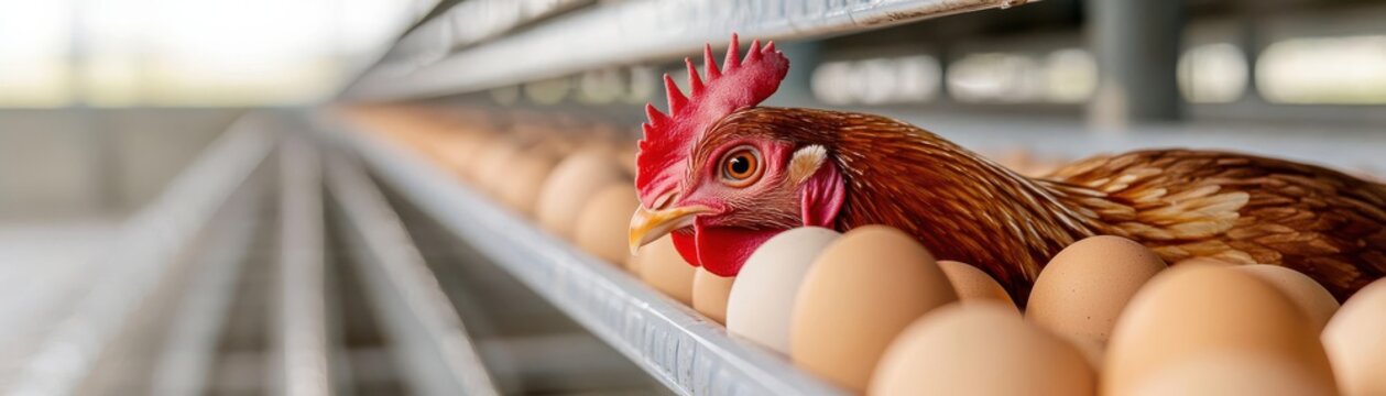 Freshly laid eggs on a farm with a chicken, highlighting egg production and poultry farming in a controlled environment