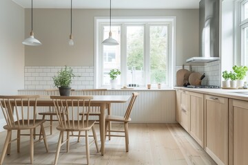 Bright and Minimalist Scandinavian-Style Kitchen Featuring Natural Wood Accents and Sleek Modern Design