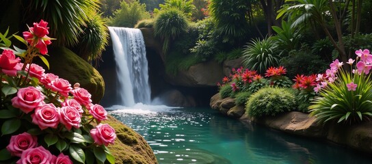 Stunningly rendered paradise landscape showcases an idealized magical garden filled with waterfalls flora and vibrant blossoms Edenic Paradise
