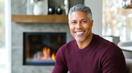 Smiling Mature Man Relaxing Indoors by Warm Fireplace