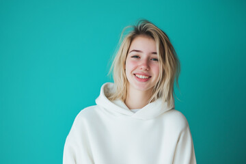 Fototapeta premium Blonde girl in hoodie with one emotion