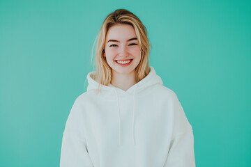 Fototapeta premium Blonde girl in hoodie with one emotion