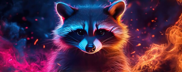 Eye-level angle of a raccoon using a holographic gadget, vibrant neon colors illuminating the night, blending nature and technology