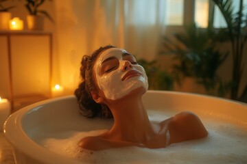 Serene and Luxurious Self-Care Scene with a Woman Relaxing in a Candlelit Bath with a Face Mask