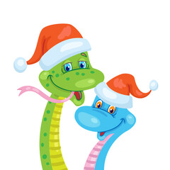 Two funny smiling snakes - symbol of chinese New Year in a Santa hats. Greeting card 2025. Isolated on white background. Vector flat illustration. 