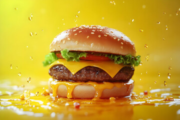 A Juicy Cheeseburger Dripping with Melted Cheese on a Yellow Background