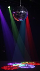 A dazzling disco ball casts kaleidoscopic light beams onto a dark nightclubs dance floor