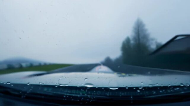 Macro shot of the helmet visor as it fogs up with raindrops in a rainy weather of formula one racing 