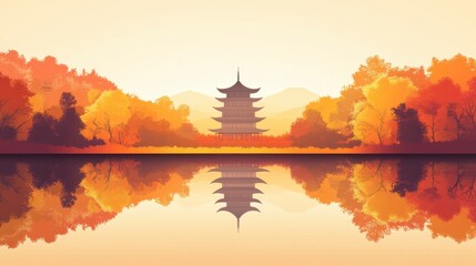 Obraz premium Tranquil Autumn Pagoda Reflection in Serene Lake at Sunset