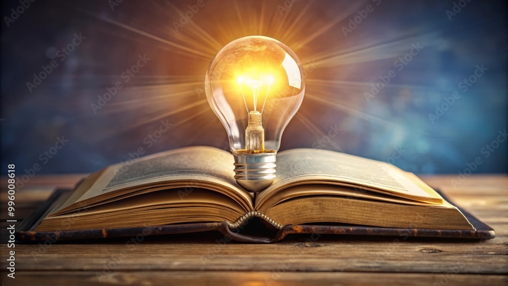 Poster bright lightbulb shining on top of old open book for knowledge concept