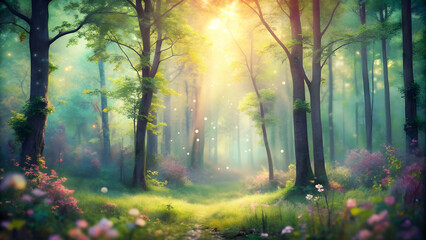 Obraz premium Soft and dreamy image of a lush forest with pastel colors and slightly blurred edges, Natural scenery, forest, plants, trees