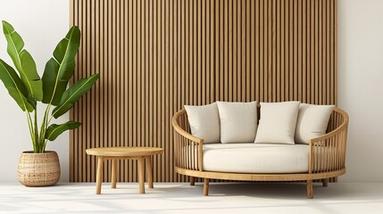 Modern living room featuring a round wooden sofa with neutral cushions, a potted indoor plant, and a minimalist wooden accent wall, creating a cozy and natural atmosphere.