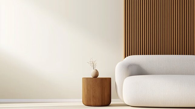 Minimalist living room featuring a neutral sofa, round wooden side table with a small vase, and a wooden slatted accent wall, creating a clean and serene space with natural light.