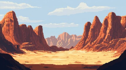 Naklejka premium Pixelated Desert Landscape with Tall Red Rock Formations