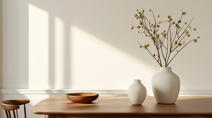 A minimalist dining table featuring white ceramic vases with dried branches and a wooden bowl, illuminated by natural sunlight casting soft shadows on a neutral wall.