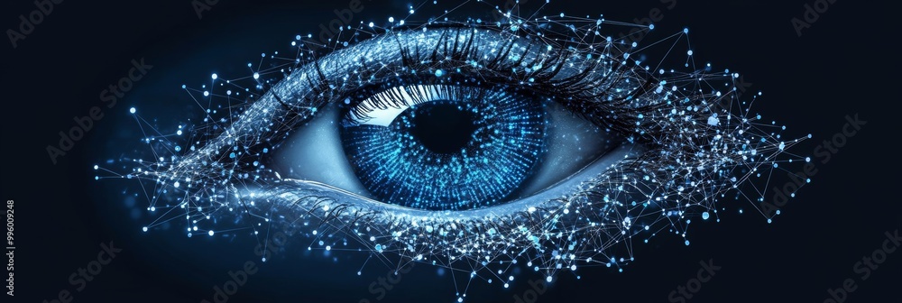Poster human eye integrated with digital network, symbolizing artificial intelligence and biometrics.