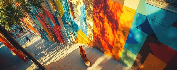 High-angle view of a fox exploring an urban alley, vibrant street art in the background, evening light casting shadows