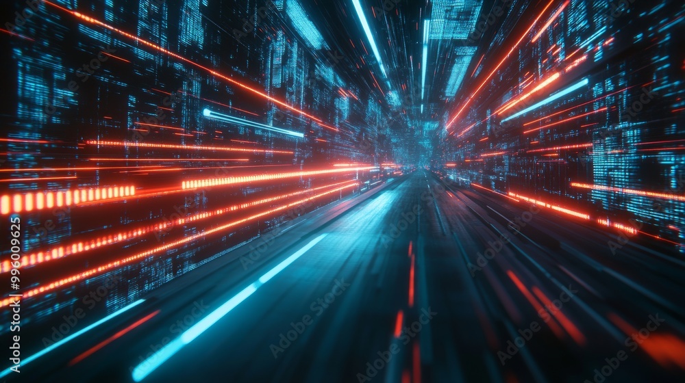 Poster abstract cyber tech motion with neon lines and futuristic grids, showcasing ultra-fast broadband and