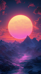A 3D Digital Illustration of a Purple Sunset Over a Mountainous Landscape with a Large Sun