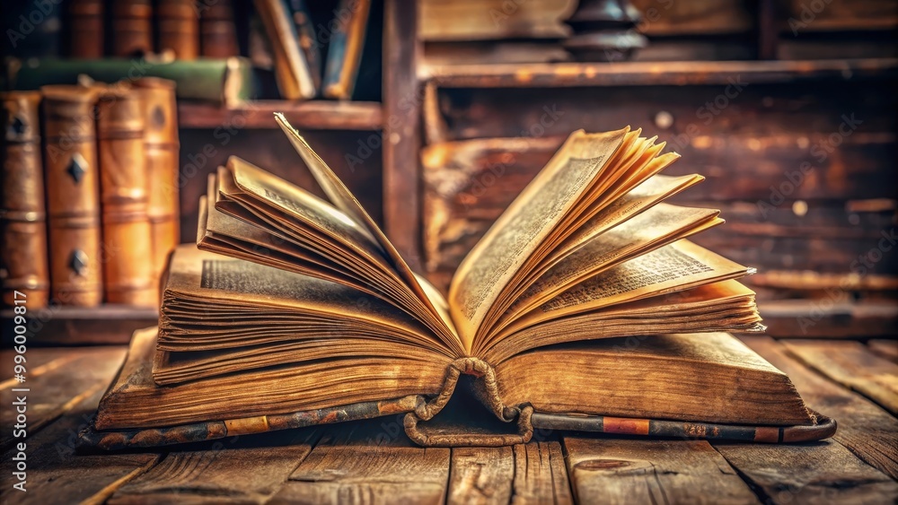 Poster open antique book is lying on a desk with a stack of books in the background