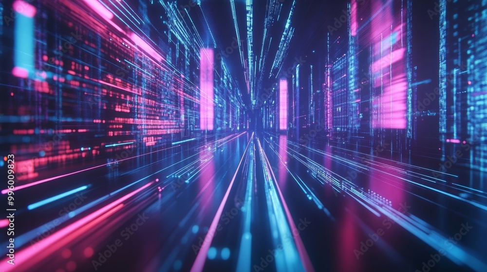 Poster abstract cyber tech motion with neon lines and futuristic grids, showcasing ultra-fast broadband and