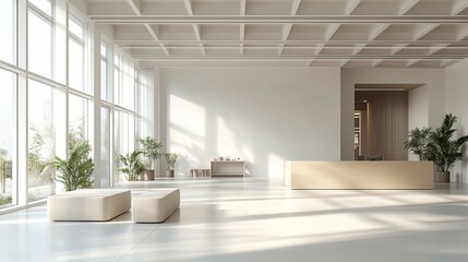 Fototapeta premium Minimalist Lobby Interior with Wooden Reception Desk and Sunlight Streaming Through Large Windows