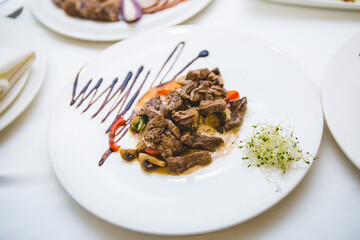 Elegant beef and veggie dish.