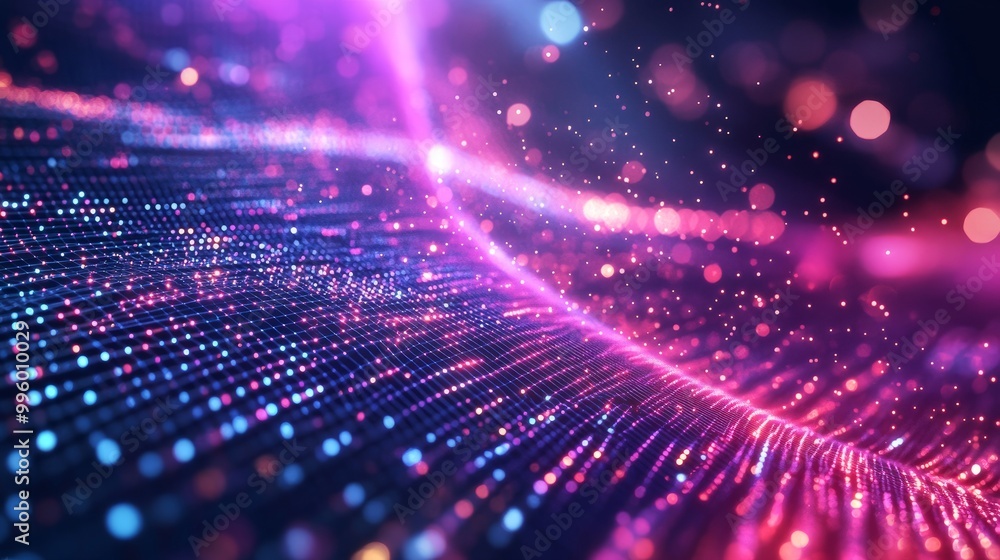 Poster abstract global data transfer background with glowing grids and flowing lines, representing ultra-fa