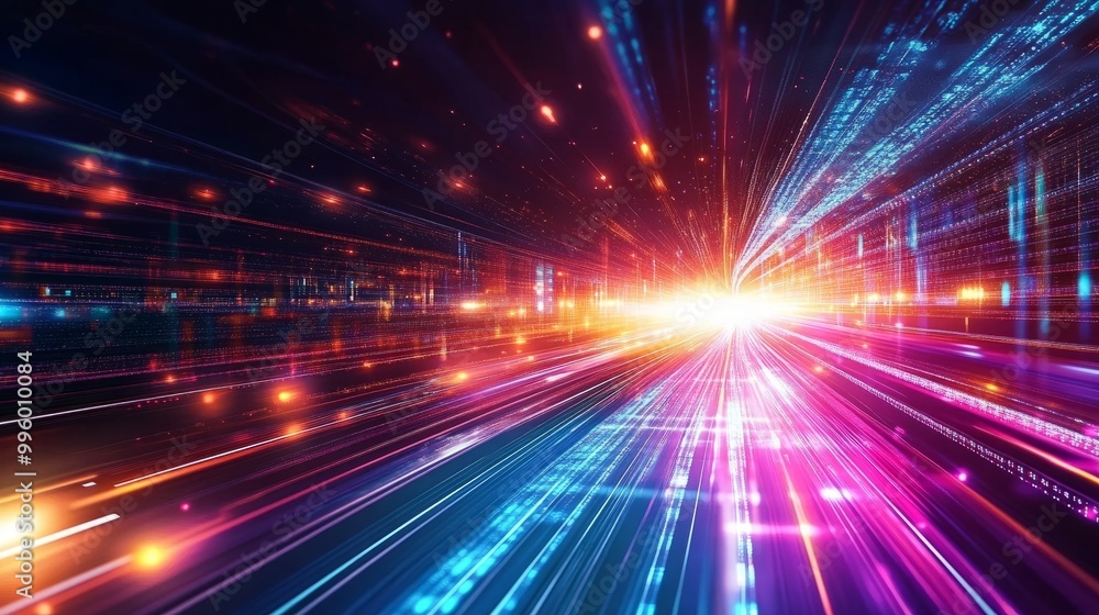 Poster abstract global data transfer background with glowing grids and flowing lines, representing ultra-fa