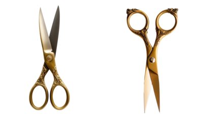 Golden crafting scissors with decorative ornate handle isolated on transparent background