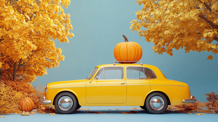 Thanksgiving is coming. Yellow retro car with big pumpkin on a roof.
