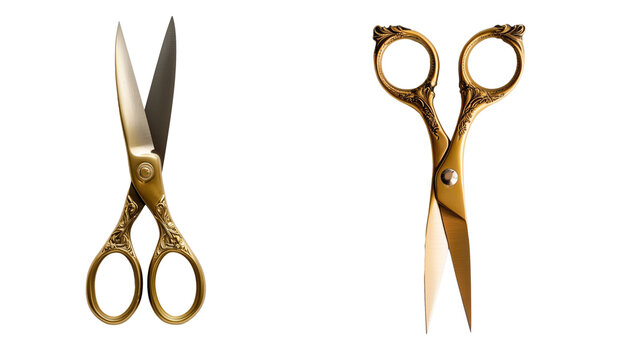 Golden crafting scissors with decorative ornate handle isolated on transparent background