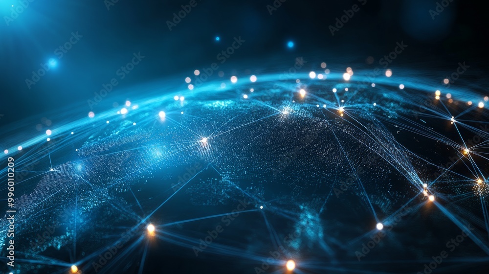 Poster abstract high-speed data transfer with digital lines and glowing nodes, representing global connecti