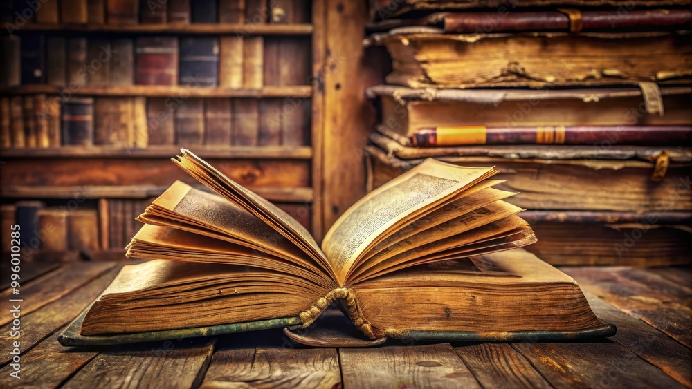 Poster open antique book is lying on a desk with a stack of books in the background