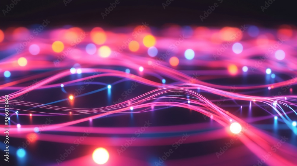 Poster abstract technology background with glowing nodes and flowing data lines, representing fast broadban