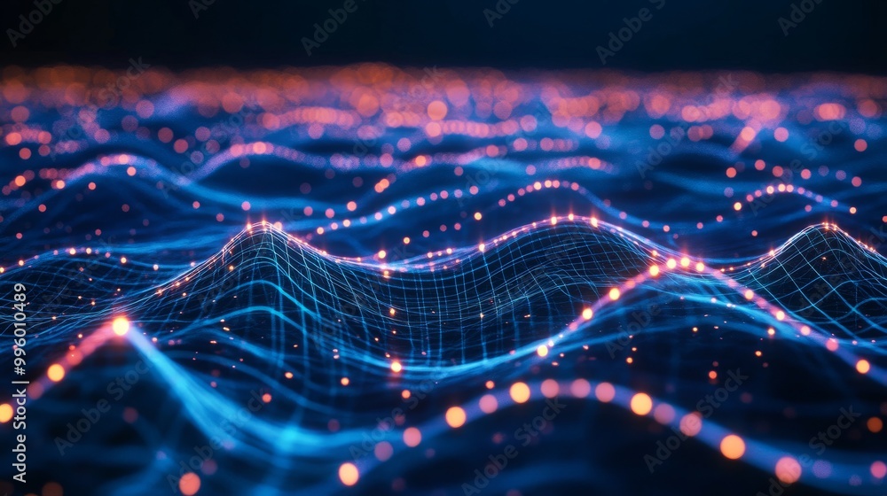 Poster abstract technology background with glowing nodes and flowing data lines, representing fast broadban