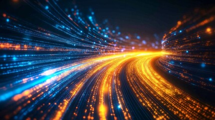Abstract technology background with glowing data streams representing high-speed global data transfer and ultra-fast broadband.