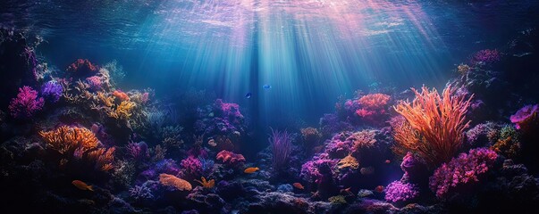 Fototapeta premium Low-angle view of vibrant coral reefs illuminated by bioluminescent sea creatures, showcasing underwater conservation, surreal lighting effects