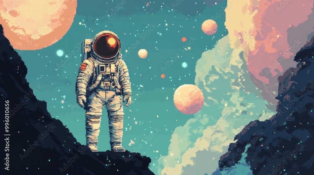 Poster astronaut standing on a cliff with planets and stars in the background