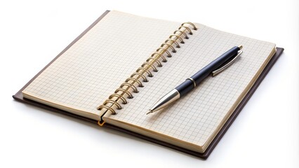 Open spiral notepad with blank checked pages and a pen resting on top