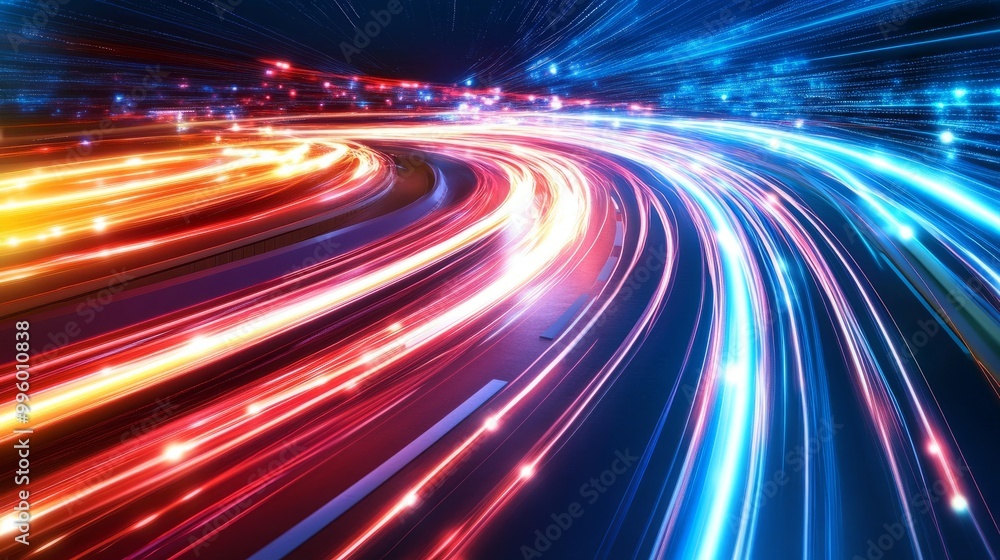 Poster bright light trails and interconnected nodes in an abstract tech background, symbolizing global data