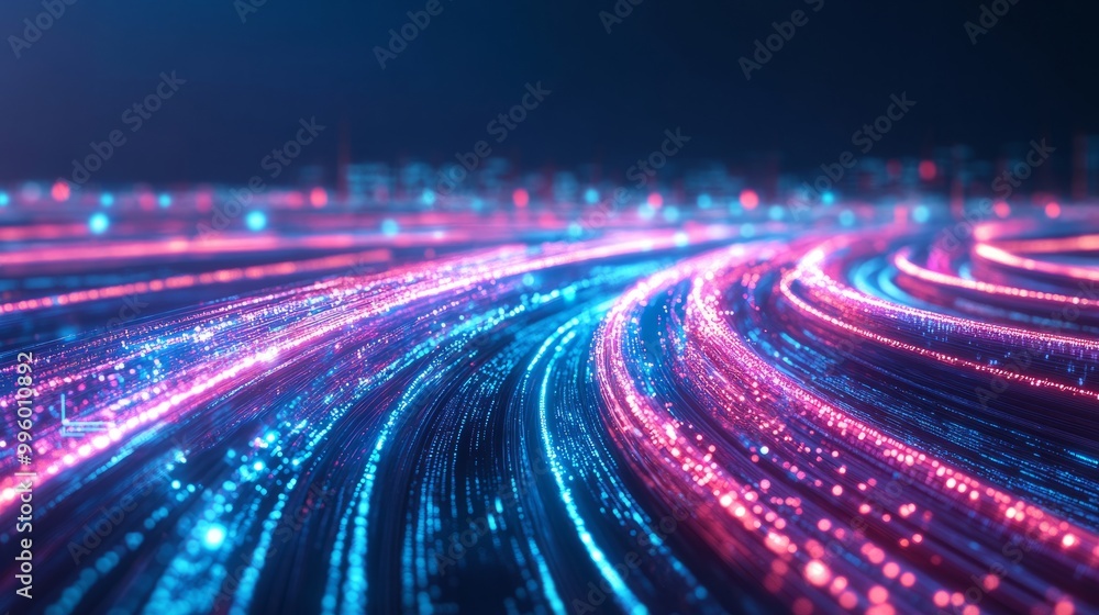 Poster bright light trails and interconnected nodes in an abstract tech background, symbolizing global data